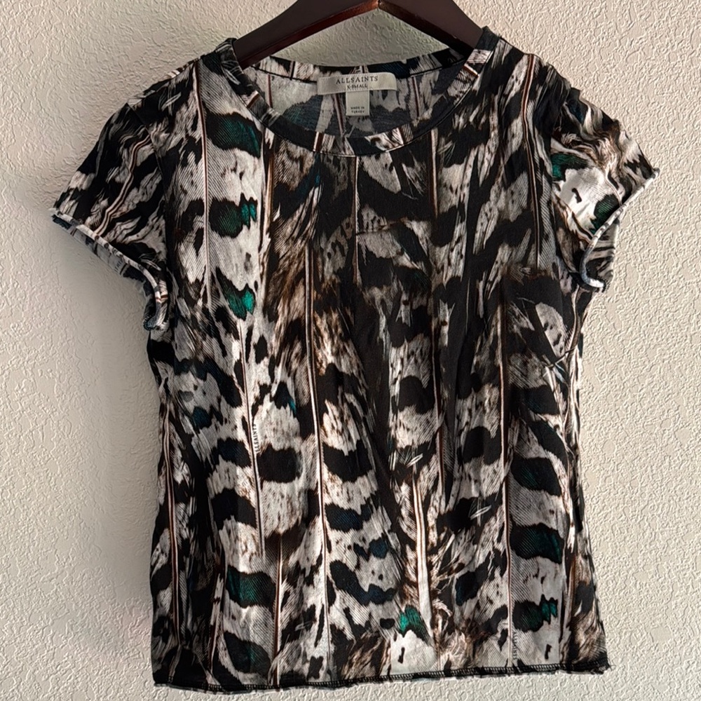 AllSaints Multicolor Animal Print Short Sleeve Top (Black, White, Teal, Brown)